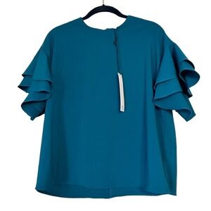 NSR NORDSTROM Top Womens XS Ruffled Sleeve Stretchy Blouse Teal Blue NWT USA
